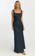 Rumi Midi Dress - Rushed Bodiest Satin Dress in Navy