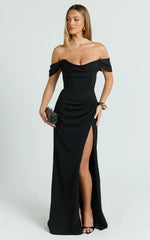 Marcel Maxi Dress - Off Shoulder Corset High Split Dress in Black