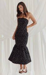 Vestido Midi Seraphina - Vestido Estampado de Poá Tomara que Caia com Renda no Decote e Saia Sereia Franzida em Poá Preto