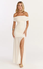 Alanna Maxi Dress - Off Shoulder Ruched Mesh Dress in Cream