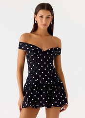 Minivestido con hombros descubiertos romance infinito - lunares negros