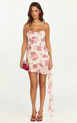 Minivestido Lila - Vestido con Cuello Redondeado y Falda Fruncida Asimétrica con Estampado Toile De Jouy