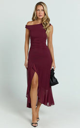 Judee Midi Dress - One Shoulder High Side Split Dress in Wine
