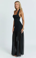 Vestido largo Barbara - Vestido de georgette en contraste con cuello halter y escote redondo en negro