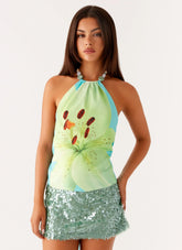 Top con cuentas y lazada en la espalda Dalila - Floral turquesa