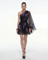 One Shoulder Floral Mesh Dress - Black