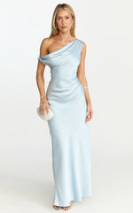 Vestido Midi Lira - Vestido de satén de un solo hombro en azul pálido