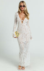 Paula Maxi Dress - Lace V Neck Long Sleeve Column Dress in White