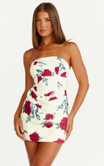Minivestido Dahlia - Vestido Bodycon Tomara que Caia com Drapeado na Cintura Estampado em Rosa Escarlate