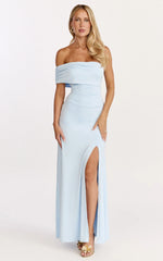 Opal Maxi Dress - Off Shoulder Gathered Bodice Fit And Flare Dress in Blue