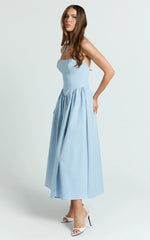 Vestido Midi Helda - Vestido com Painel de Corset e Amarração Halter no Pescoço em Azul Suave