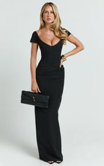 Veronika Maxi Dress - Off Shoulder Plunge High Split Dress in Black