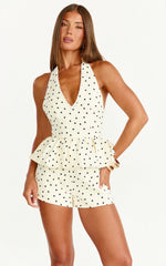 Top Seraphina - Top Peplum con Cuello V y Lunares Blancos