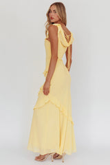 Vestido Longo Sangria com Gola Drapeada e Babados na Cor Limão