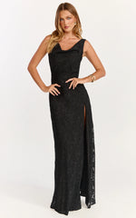Rachel Maxi Dress - Cowl Neck Jacquard Front Split Dress in Black