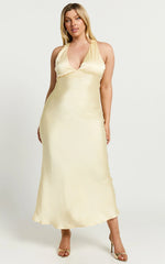 Vestido Midi Khalani - Vestido Lencero de Satén con Escote Pronunciado en Amarillo Mantequilla