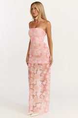 Vestido Longo Lima - Vestido Coluna Tomara que Caia Floral com Adornos em Rosa