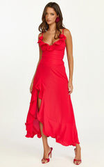 Vestido midi Vivienne - Vestido rojo con fruncido, abertura en la pierna y cuello tipo roseta