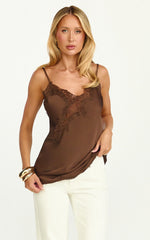 Top Ava - Camiseta lencera larga con ribete de encaje en color Chocolate