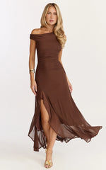 Judee Midi Dress - One Shoulder High Side Split Dress in Chocolate