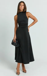 Macy Midi Dress - High Neck A Line Dress in Black