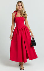 Vestido Midi Helda - Vestido com Painel Corpete e Amarração Halter no Pescoço em Vermelho