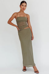 Vestido Longo Lorely com Corpete Franzido Verde-Oliva