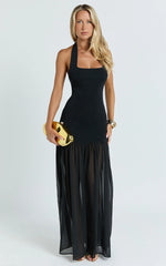 Vestido largo Barbara - Vestido de georgette en contraste con cuello halter y escote redondo en negro