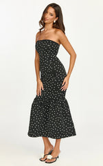 Vestido Midi Seraphina - Vestido Estampado de Poá Tomara que Caia com Renda no Decote e Saia Sereia Franzida em Poá Preto