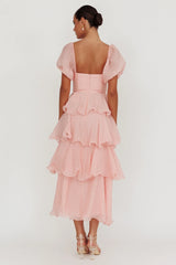 Vestido Longo Giavana em Camadas com Mangas Bufantes Rosa Bebê