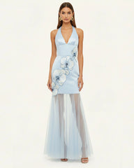 Orchid Embroidered Sheer Hem Halter Maxi Dress - Light Blue
