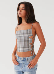 Top Trista con nudo - Tartán gris