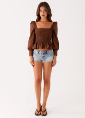 Blusa Joyce em Algodão com Mangas Longas e Detalhes Franzidos - Chocolate