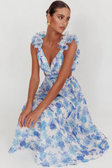 Vestido largo con espalda de cordones Madara estampado floral azul