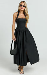 Vestido Midi Helda - Vestido com Painel de Corset e Amarração Halter no Pescoço em Preto