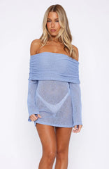 Vestido mini de manga larga de buclé Can't Leave Me azul aciano