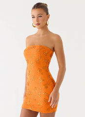 Minivestido Laranja com Lantejoulas e Contas Push Back