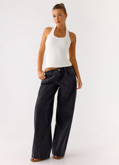Johnny Low Rise Wide Leg Jeans de Sarja - Cinza Carvão