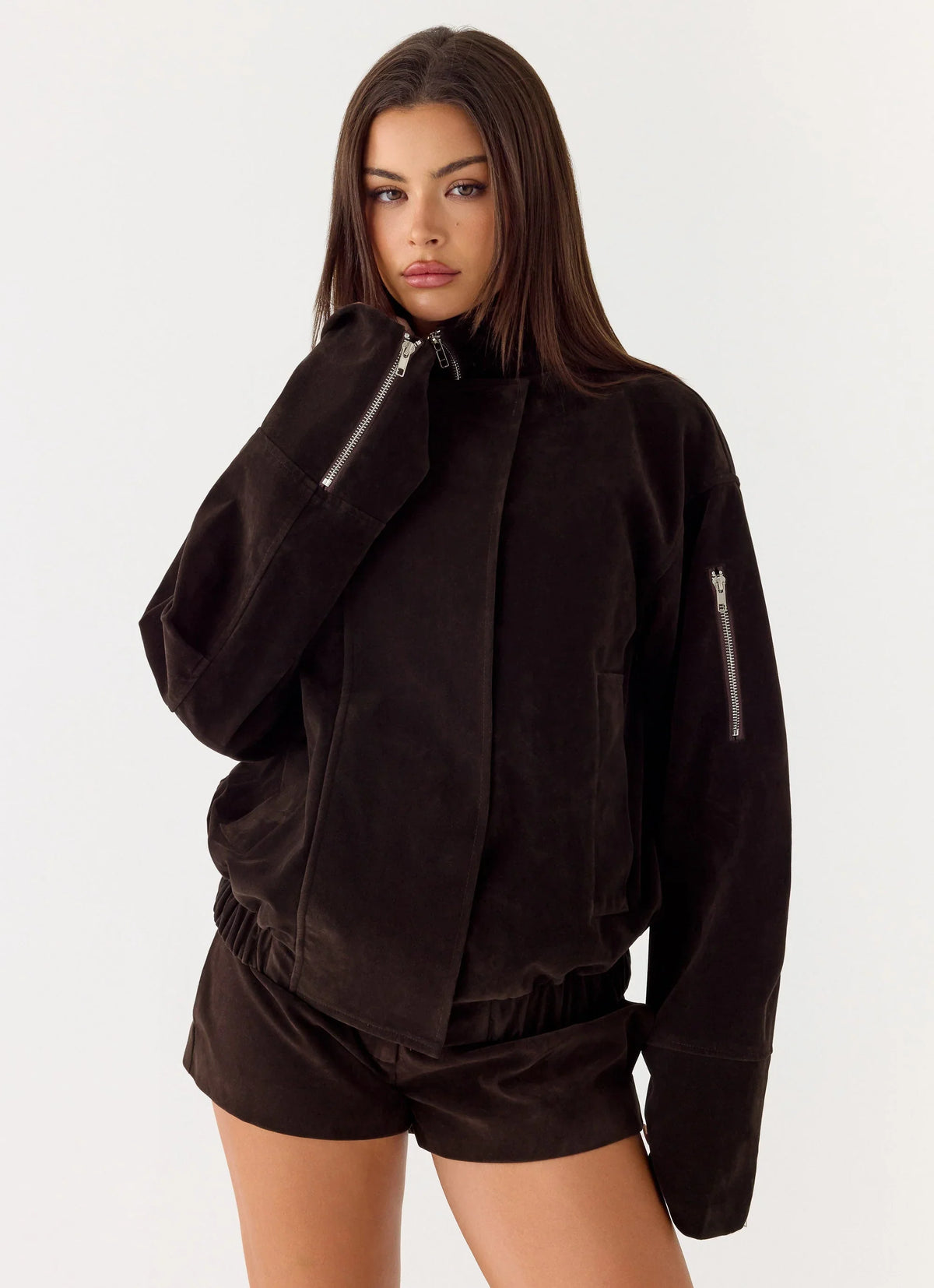 Chaqueta Marlow de imitación de ante - Chocolate