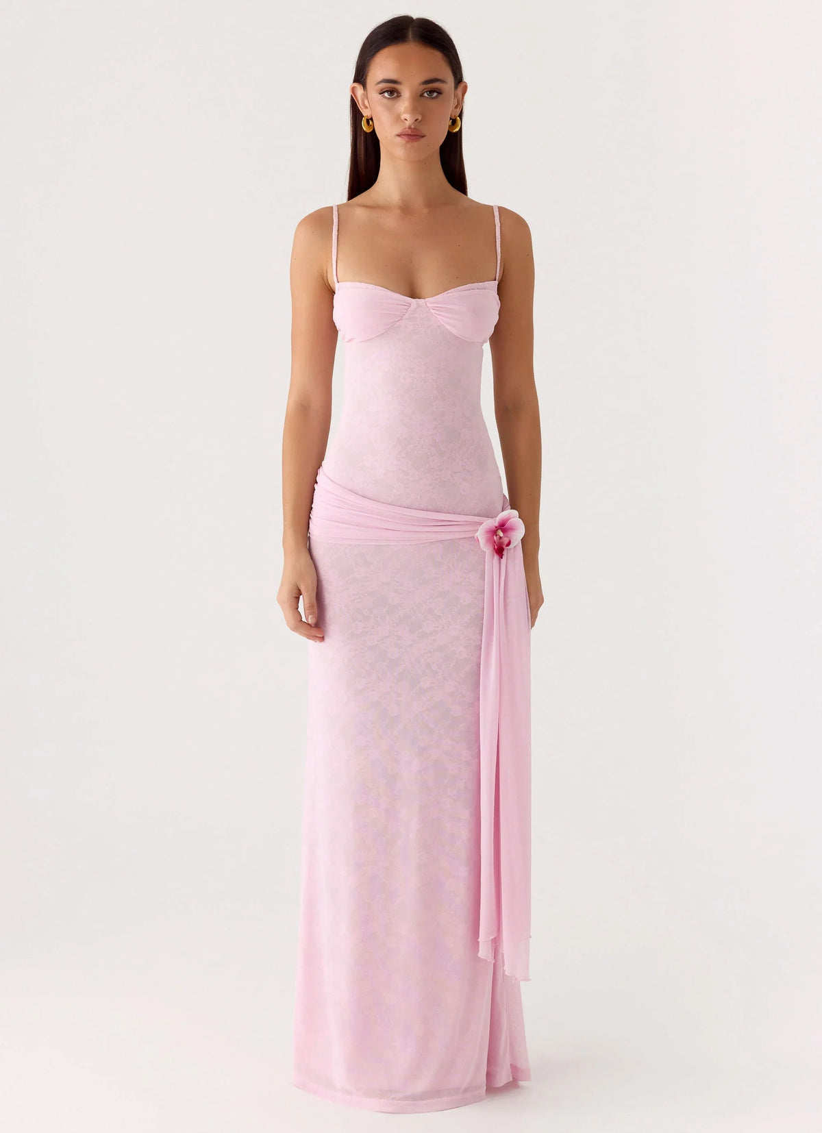 Vestido longo Natty Lace Mesh - Rosa Pétala