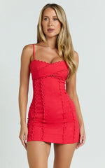 Vestido Gigi Mini de mezcla de lino - Vestido con escote corazón, espalda anudada y detalle festoneado en rojo