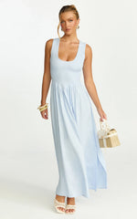 Vestido Longo Luciana - Vestido Smock Gola U Azul