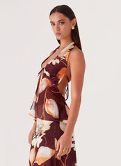 Top Camellia con Cuello Halter - Estampado Floral Marrón