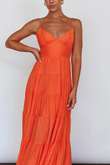 Vestido Longo de Alça com Detalhe na Cintura Laranja Tangerina