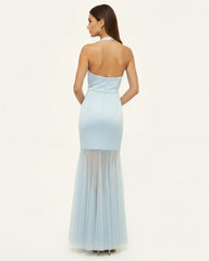 Orchid Embroidered Sheer Hem Halter Maxi Dress - Light Blue