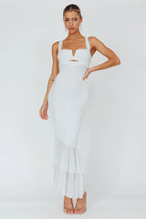 Vestido maxi blanco de cola de pez fruncido Nadia
