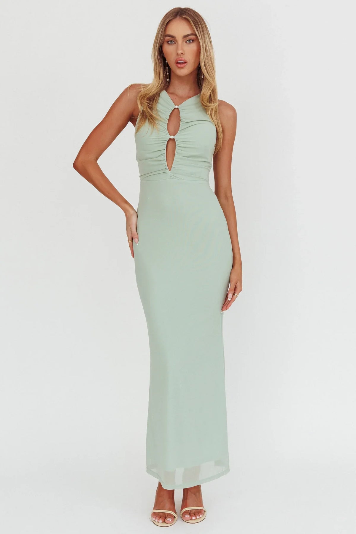 Vestido Maxi Sem Mangas Com Abertura E Tela Piece Of Heaven Sage