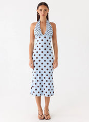 Vestido Awuku Midi - Poá Mocha Azul
