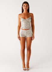 Maelis Shorts Mini de Cintura Baixa com Lantejoulas - Prateado