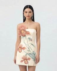 Slipper Orchid Appliqu�� Mini Dress - Ivory/Peach Pink